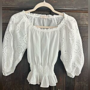 Ramy Brook White Eyelet Puff-Sleeve Smocked Peasant Blouse